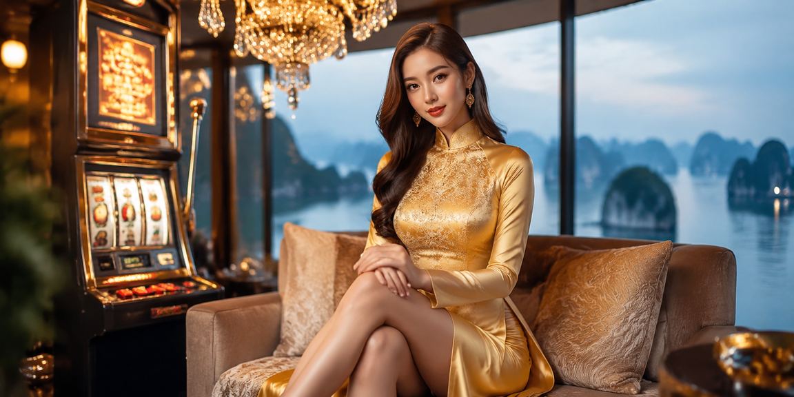 Cô gái áo dài chơi slot game với nền vịnh Hạ Long tuyệt đẹp